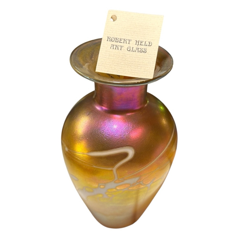 ROBERT HELD Hand Blown Iridescent Spatter Art 7.75” Glass Vase (EUC)
